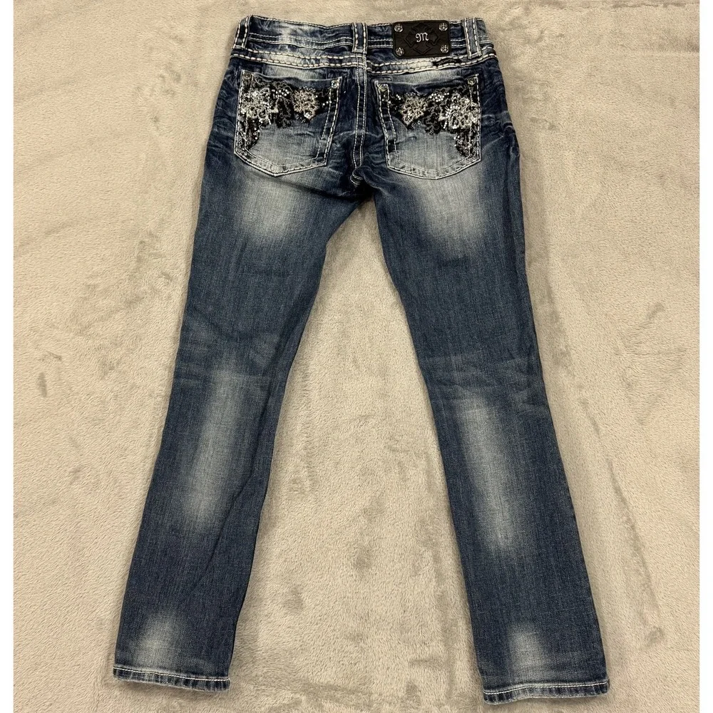 Miss Me Straight Low Rise Jeans Womens 27 Stretch Embellished Dark Wash Blue Y2K